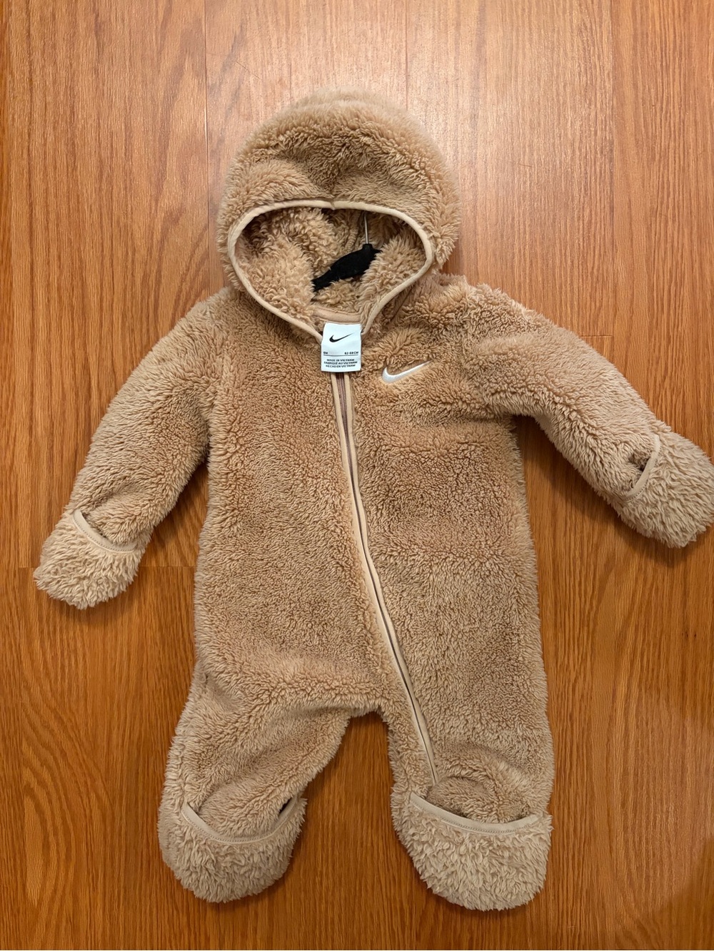 Nike Beige Plush Hooded Baby One-Piece Footie